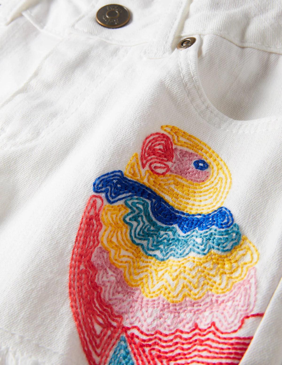 Denim Shorts-White Parrot Embroidery