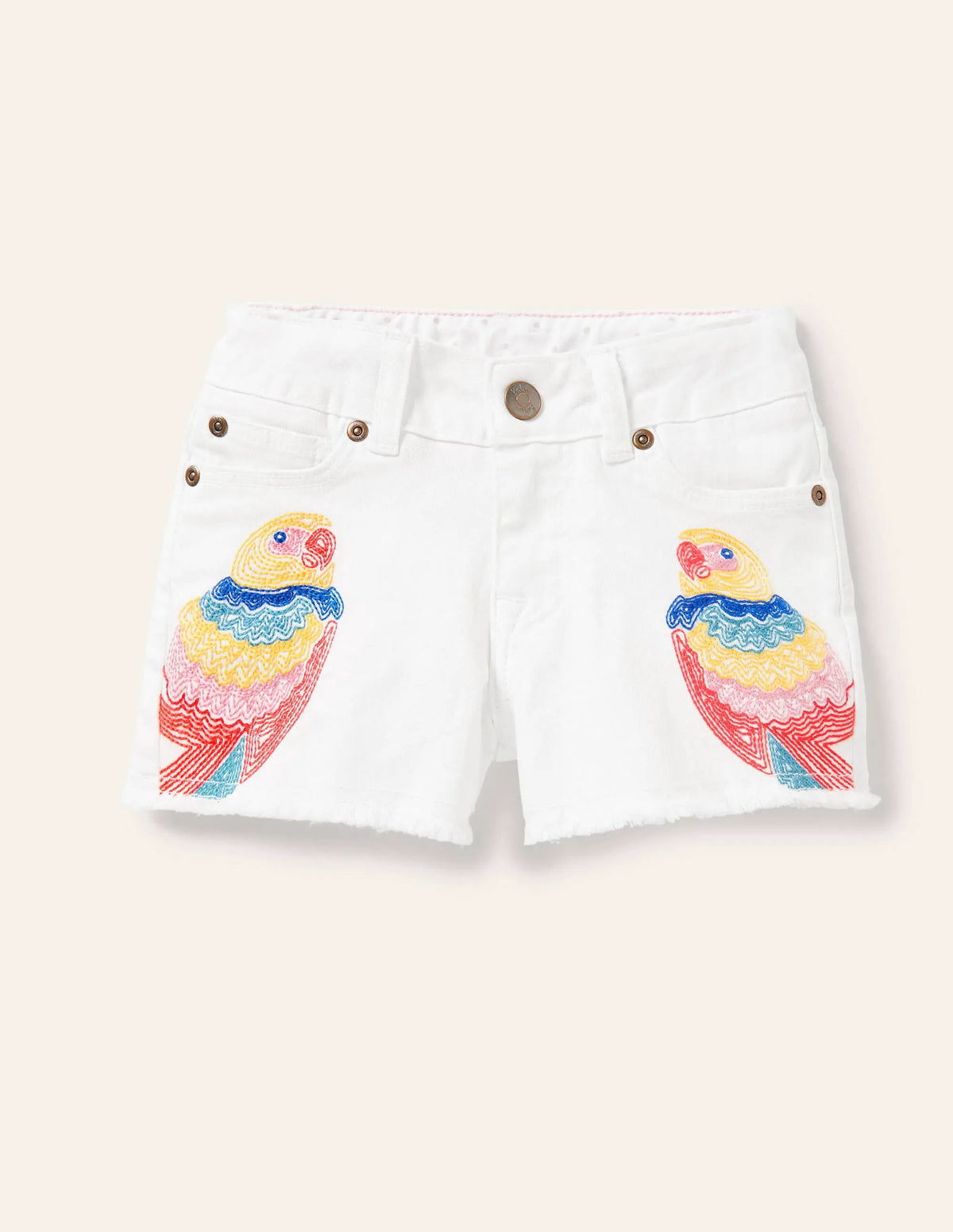 Denim Shorts-White Parrot Embroidery