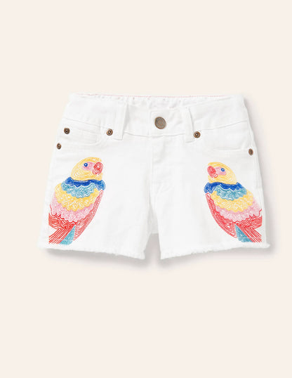 Denim Shorts-White Parrot Embroidery