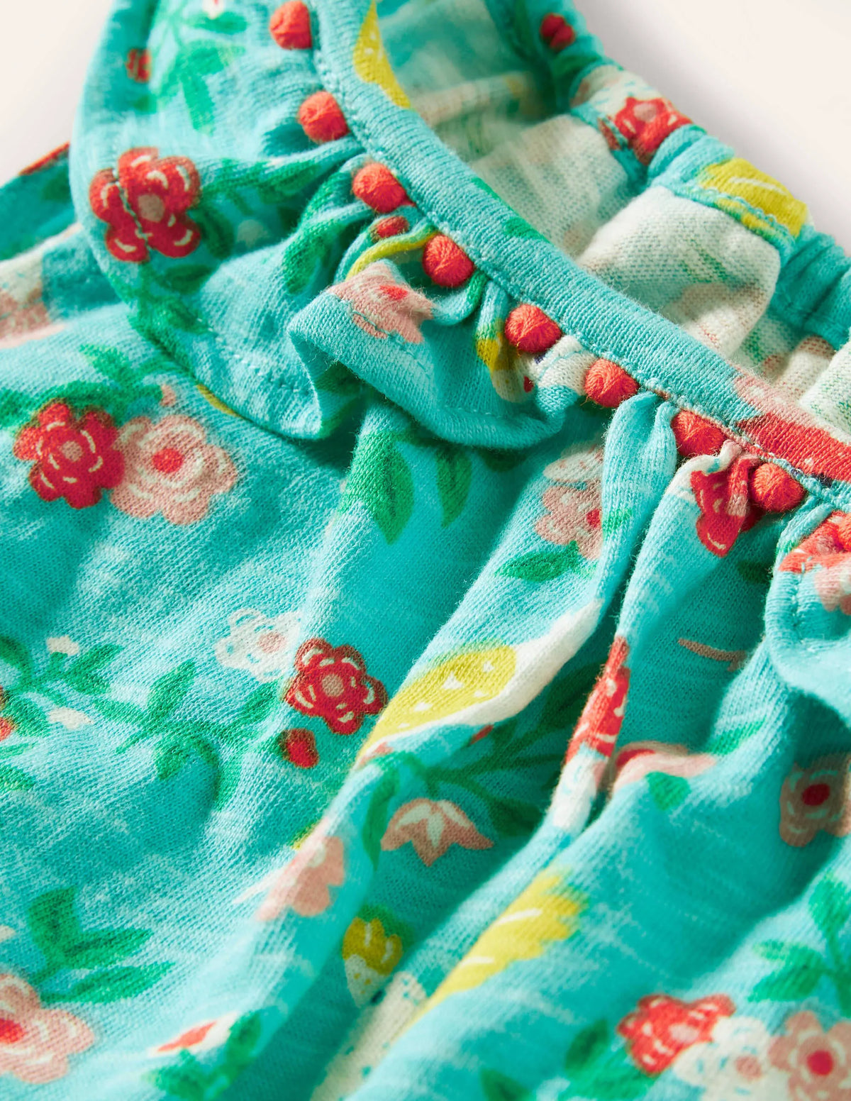 Charlie Pom Jersey Romper-Turquoise Tropical Garden