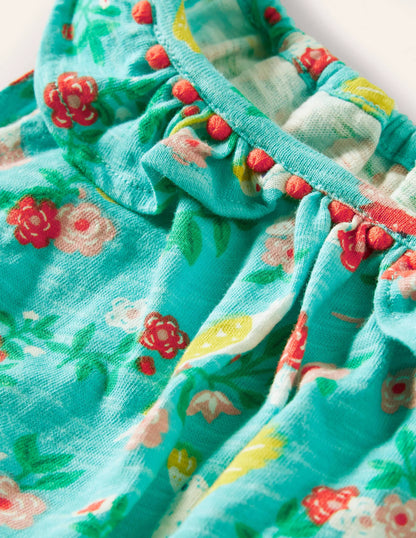 Charlie Pom Jersey Romper-Turquoise Tropical Garden