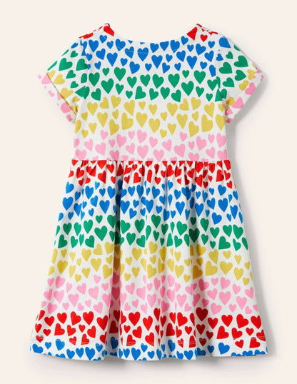 Short Sleeve Fun Jersey Dress-Multi Rainbow Hearts