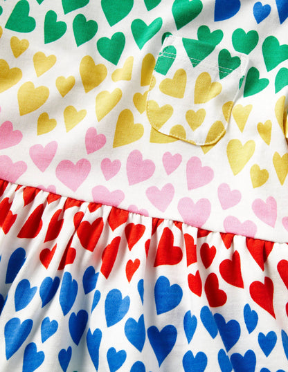 Short Sleeve Fun Jersey Dress-Multi Rainbow Hearts