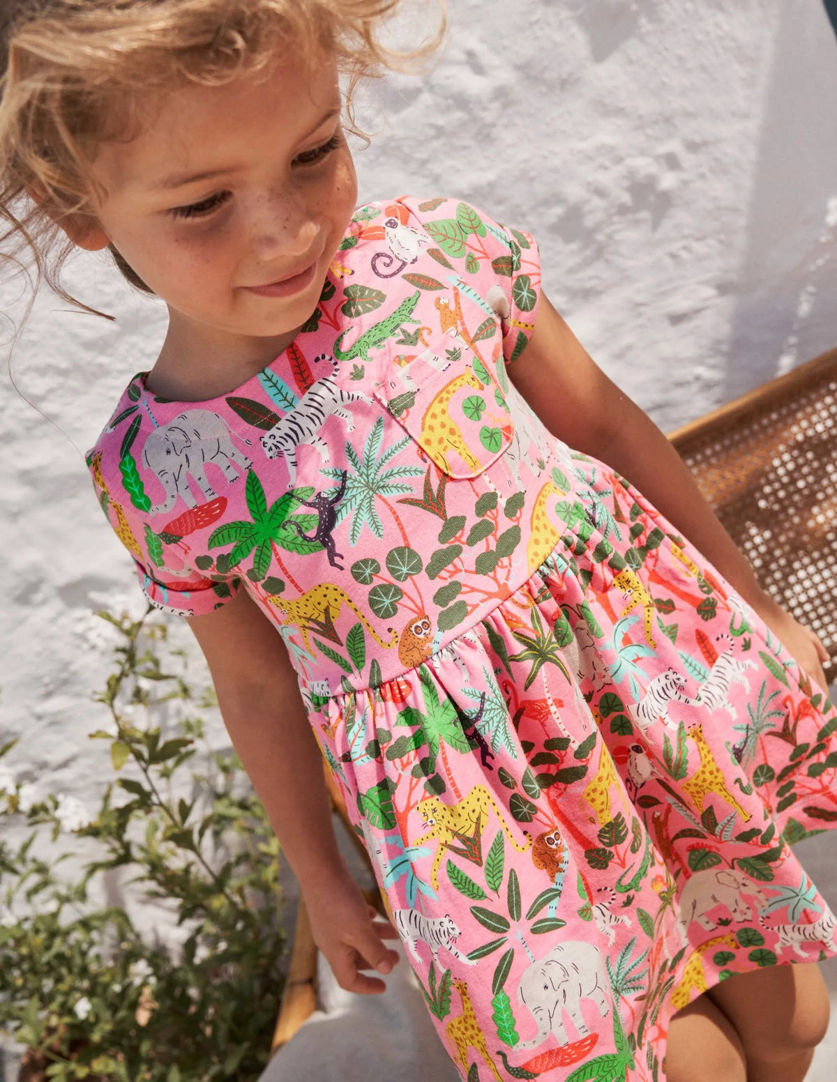 Short Sleeve Fun Jersey Dress-Pink Lemonade Jungle
