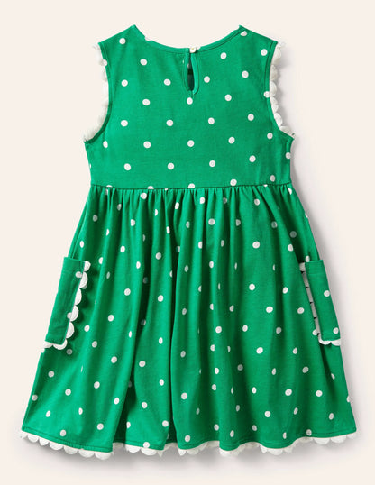 Trim Detail Jersey Dress-Green and Ivory Polka Dot