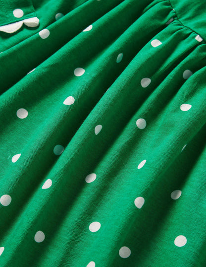 Trim Detail Jersey Dress-Green and Ivory Polka Dot