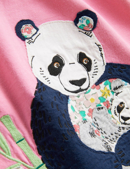 Short-sleeved Appliqué T-shirt-Bright Petal Pink Pandas