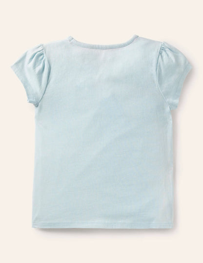 Puff Sleeve Appliqué T-shirt-Neptune Blue Cake