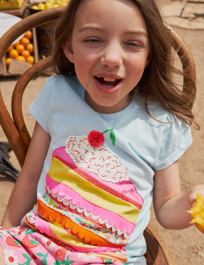 Puff Sleeve Appliqué T-shirt-Neptune Blue Cake