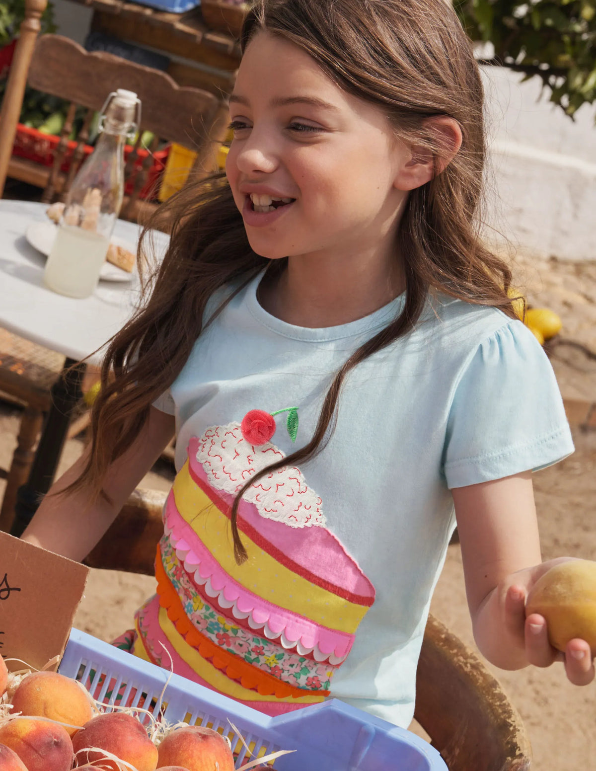 Puff Sleeve Appliqué T-shirt-Neptune Blue Cake