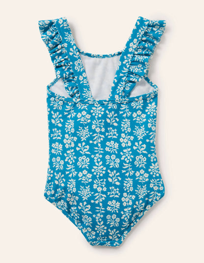 Frilly Strap Swimsuit-Bahama Blue Woodblock
