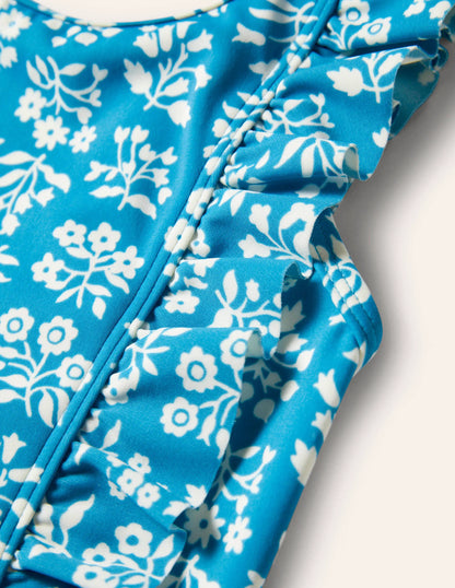 Frilly Strap Swimsuit-Bahama Blue Woodblock