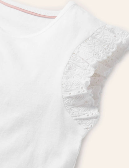 Broderie Sleeve Top-White
