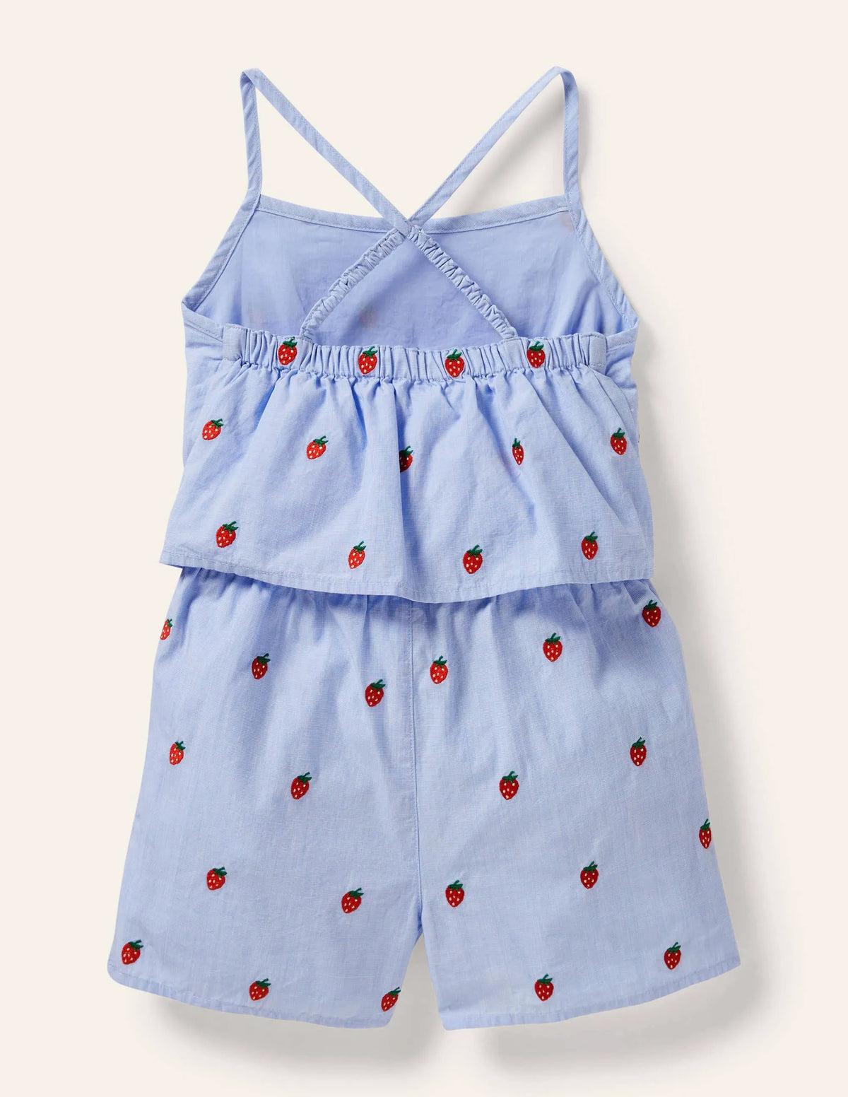 Blue Strawberry Print Woven Romper-Chambray Embroidered