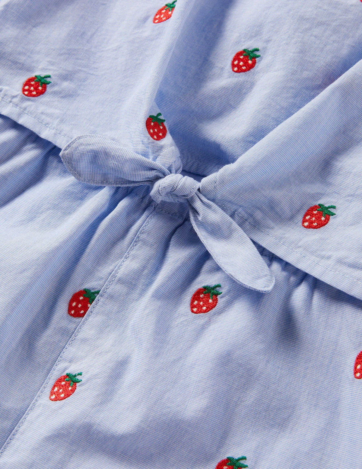 Blue Strawberry Print Woven Romper-Chambray Embroidered