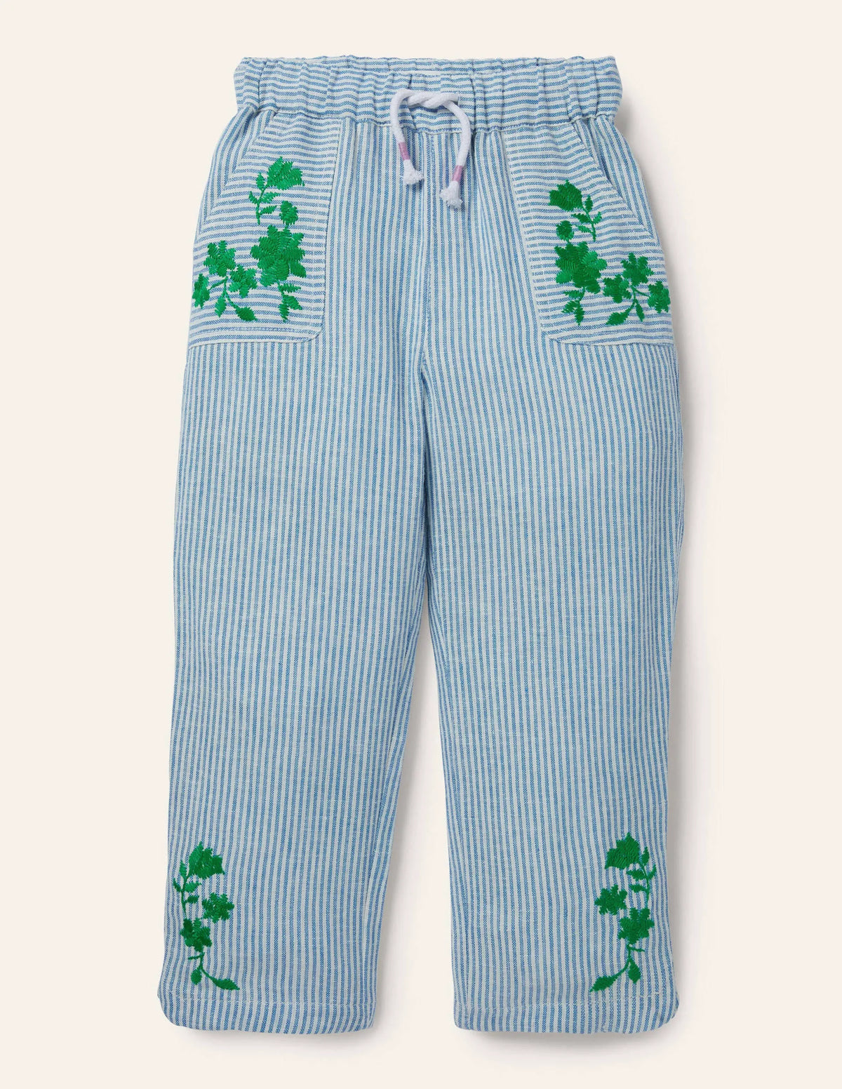 Embroidered Vacation Pants-Ivory/Coastal Blue Ticking
