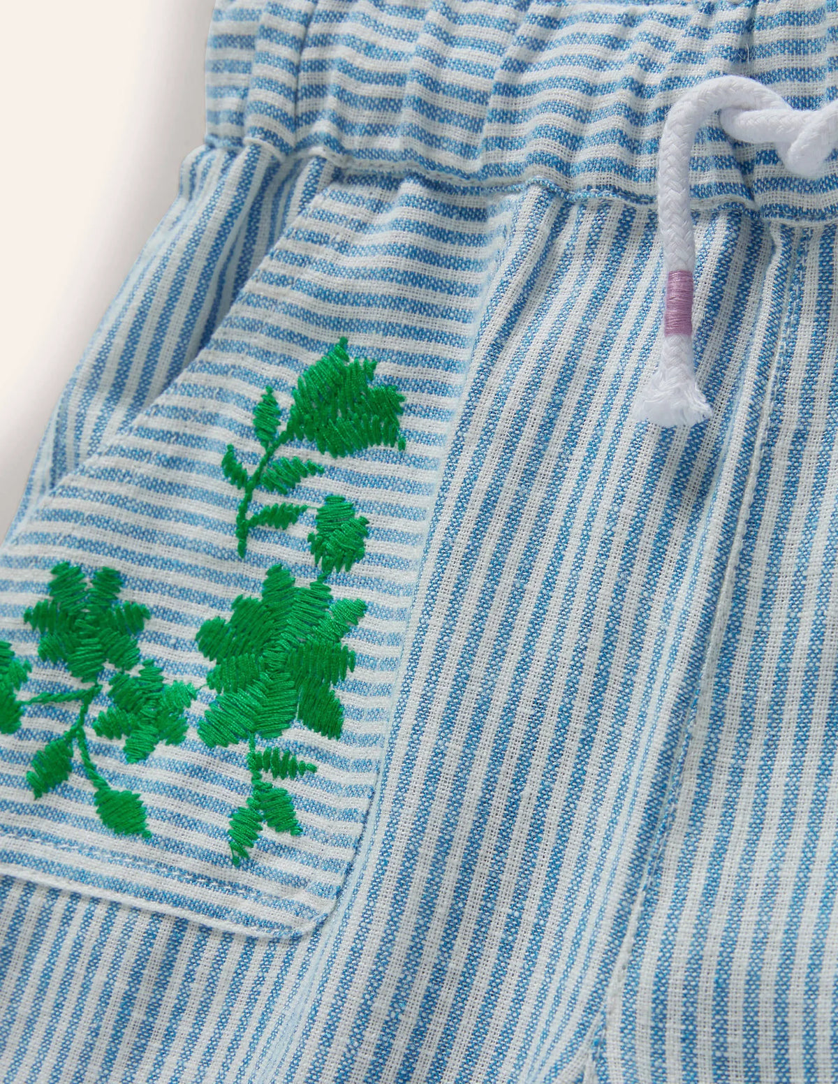 Embroidered Vacation Pants-Ivory/Coastal Blue Ticking