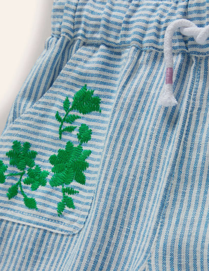 Embroidered Vacation Pants-Ivory/Coastal Blue Ticking