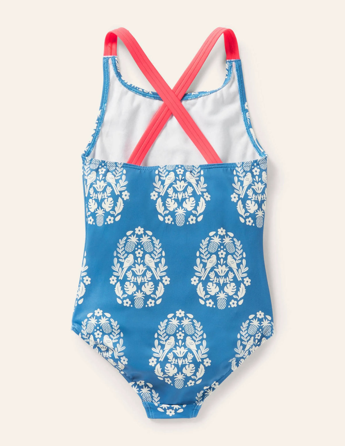 Cross-back Printed Swimsuit-Marine Blue Tropical Woodblock