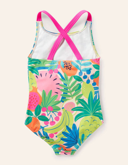 Cross-back Printed Swimsuit-Multi Tropical Fruit