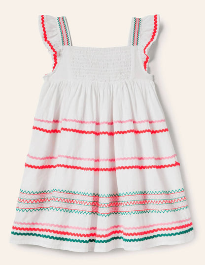 Embroidered Smock Dress-White