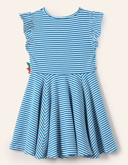 Frill Sleeve Twirly Dress-Bright Marina Blue/Ivory
