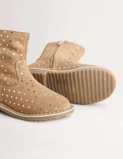 Cosy Short Leather Boots-Taupe Star