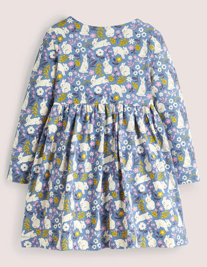 Long Sleeve Fun Jersey Dress-Riviera Blue Bunny