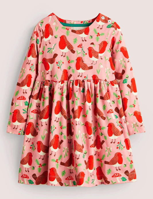 Long Sleeve Fun Jersey Dress-Formica Pink Festive Robins