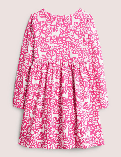 Long Sleeve Fun Jersey Dress-Pink Woodland Toile