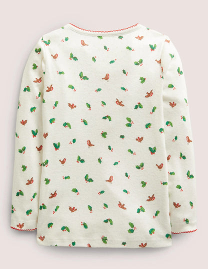Supersoft Pointelle T-shirt-Ivory Festive Robins