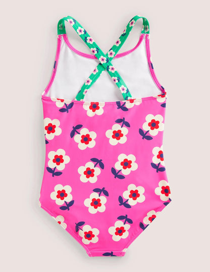 Cross-back Printed Swimsuit-Tickled Pink Daisy