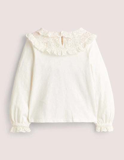 Frill Broderie Jersey Top-Ivory