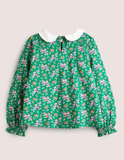 Collared Jersey Top-Shady Green Flower Bouquet
