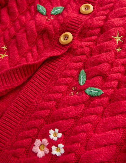Cable Cardigan-Rockabilly Red Embroidery