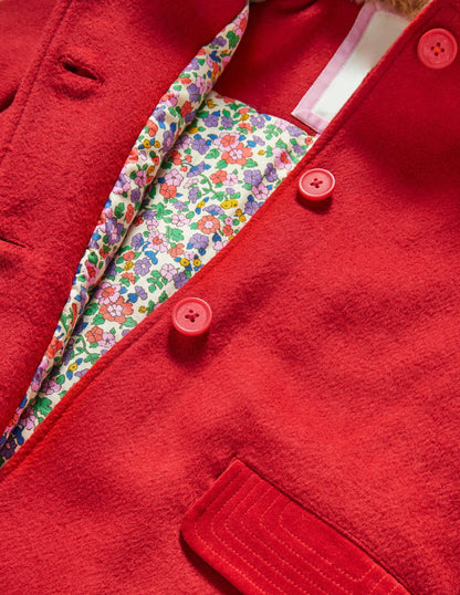 Red Fur Collar Wool Coat-Cranberry Red
