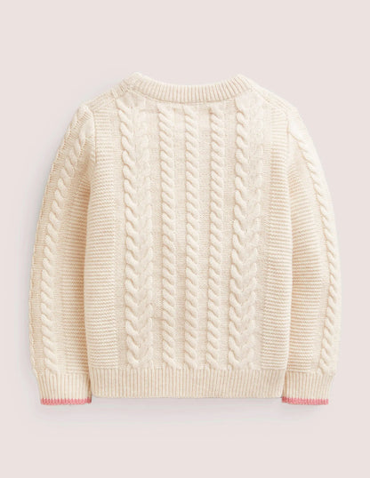 Embroidered Cable Knit Sweater-Ecru Marl Embroidery