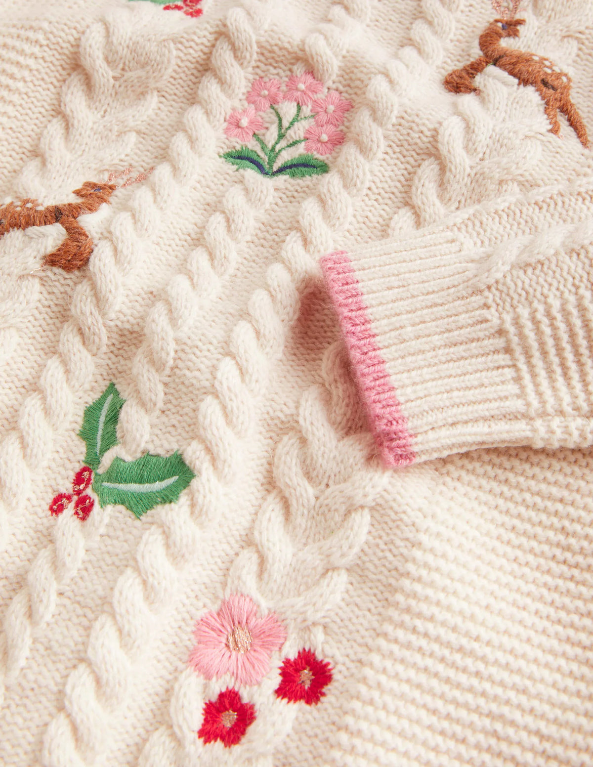 Embroidered Cable Knit Sweater-Ecru Marl Embroidery