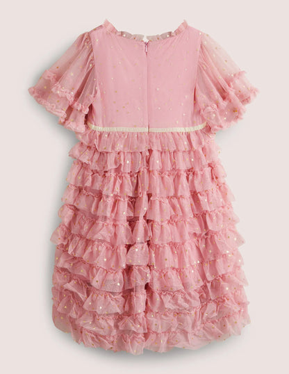 Pink Gold Star Print Ruffle Tulle Party Dress-Cameo Pink