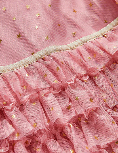 Pink Gold Star Print Ruffle Tulle Party Dress-Cameo Pink