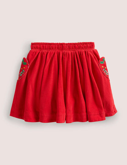 Embroidered Woven Twirly Skirt-Rockabilly Red Embroidery