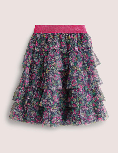 Tulle Midi Skirt-Starboard Blue Vintage Floral