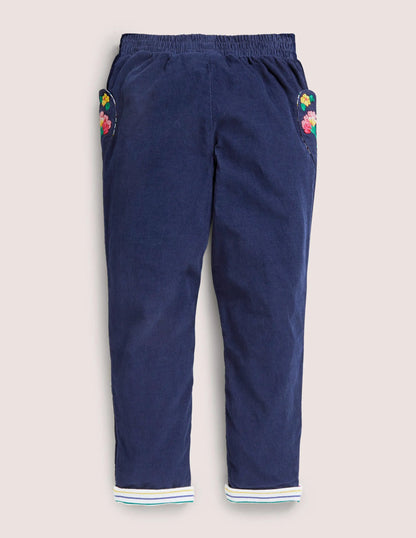 Lined Pull-on Cord Pants-College Navy Embroidery