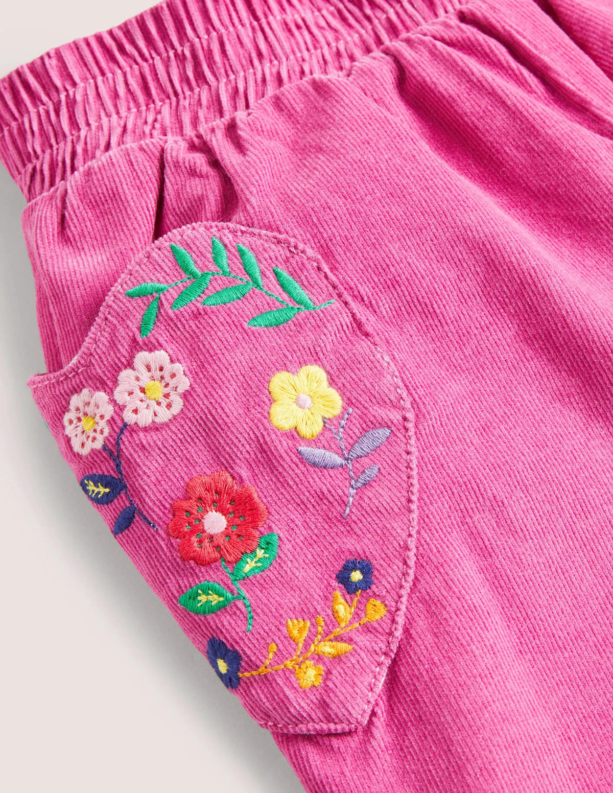 Lined Pull-on Cord Pants-Shocking Pink Embroidery