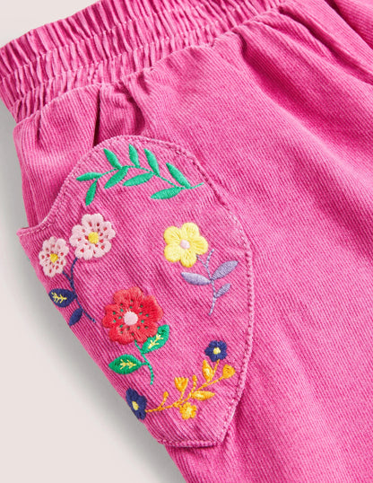 Lined Pull-on Cord Pants-Shocking Pink Embroidery