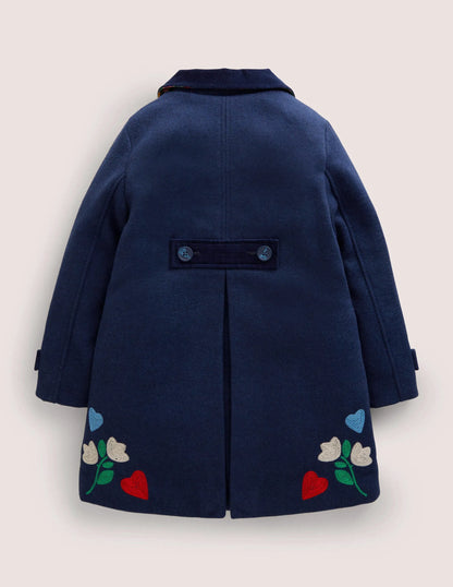 Navy Floral Hearts Embroidered Wool Coat-College Navy Folk Embroidery