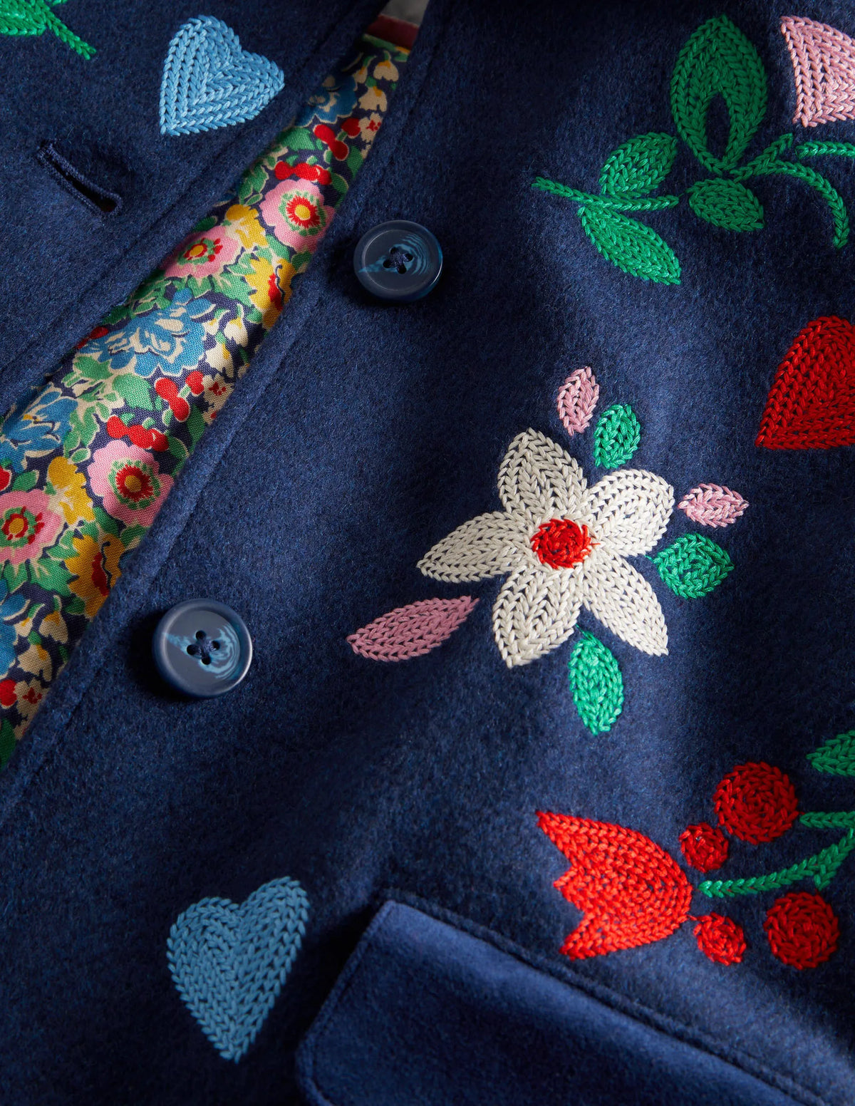 Navy Floral Hearts Embroidered Wool Coat-College Navy Folk Embroidery