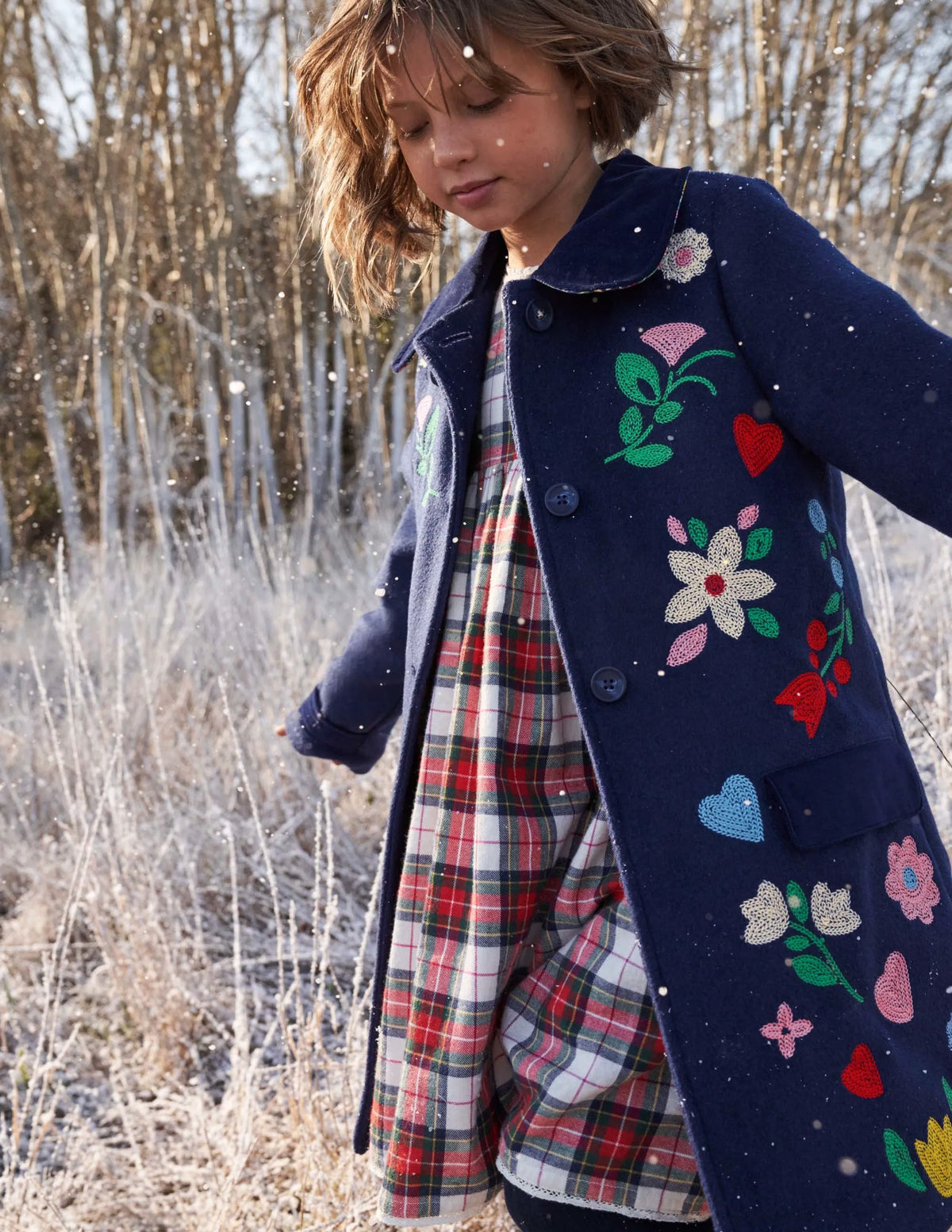 Navy Floral Hearts Embroidered Wool Coat-College Navy Folk Embroidery