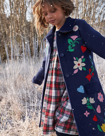 Navy Floral Hearts Embroidered Wool Coat-College Navy Folk Embroidery