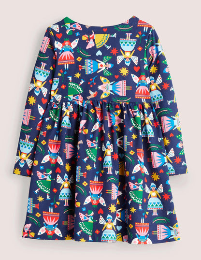 Long Sleeve Fun Jersey Dress-College Navy Folk Fairies